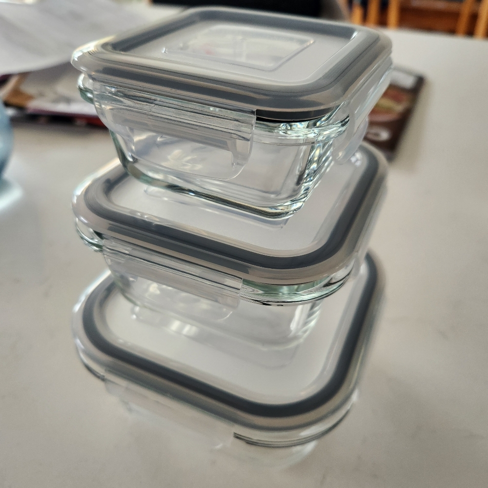 NEW Set of 3 Glass Food Storage Containers with Gray Trim Lids